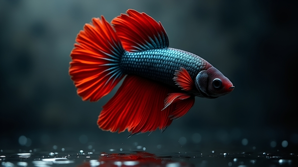 Vibrant black and red betta fish swimming gracefully against a dark, textured background