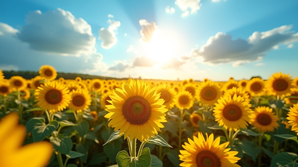 A vast field of vibrant blooming sunflowers under a bright blue sky with fluffy white clouds and warm sunlight
