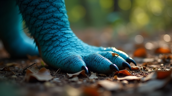 Close-up of vibrant blue animal foot with textured scales and sharp claws on forest floor