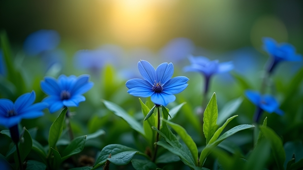 Close-up of vibrant blue flowers surrounded by fresh green leaves in a serene garden setting