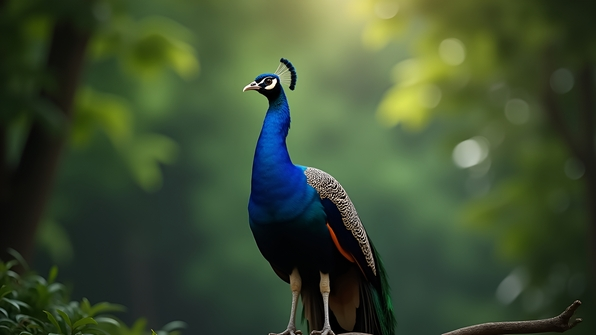 Close-up of a vibrant blue peacock with detailed feathers in a blurred green natural background