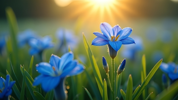 Vibrant Blue Petaled Flowers In Sunlit Garden