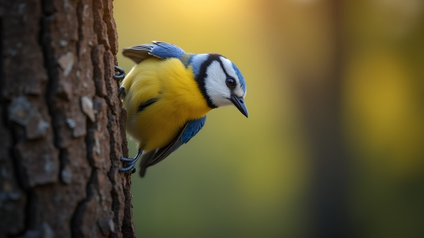 Close-up of a vibrant blue and yellow bird perched on a textured brown tree trunk