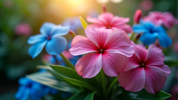 A vibrant bouquet of pink and blue flowers surrounded by lush green leaves on a bright, softly lit background
