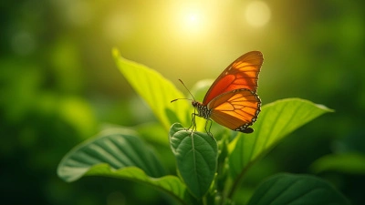 Vibrant Butterfly Resting on Green Leaves in Sunlit Garden