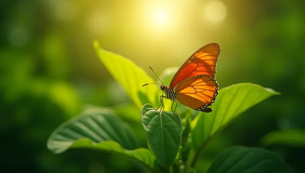 Vibrant Butterfly Resting on Green Leaves in Sunlit Garden