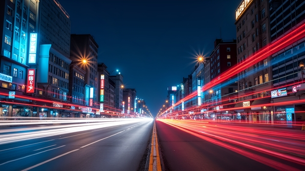 Dynamic time-lapse photo capturing vibrant city street illuminated by neon lights and bustling traffic trails under a starry night sky