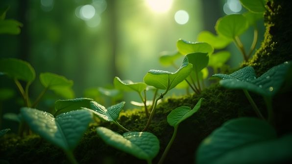 Close-up of vibrant forest foliage with detailed leaves and textured bark illuminated by soft natural light