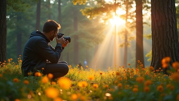 A man with a camera capturing a vibrant forest landscape with tall trees and colorful flowers