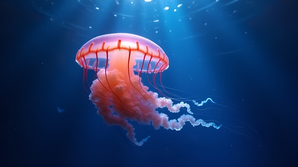 Vibrant glowing jellyfish floating gracefully in deep ocean water