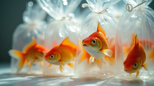 A collection of vibrant goldfish swimming inside transparent plastic bags filled with water