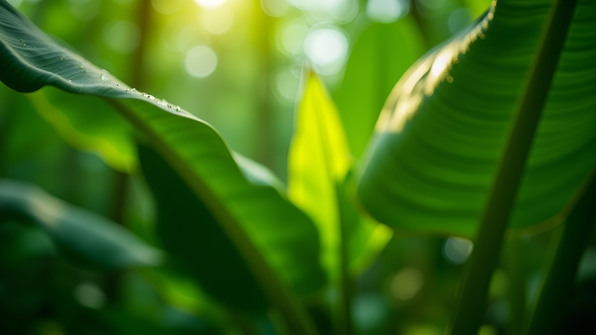 Close-up of vibrant green banana leaves with natural texture and sunlight filtering through