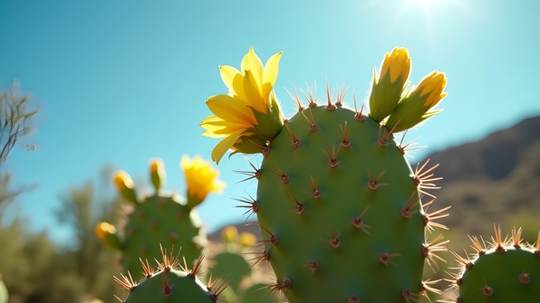 Low-angle close-up of vibrant green cactus with sharp spines against a clear blue sky
