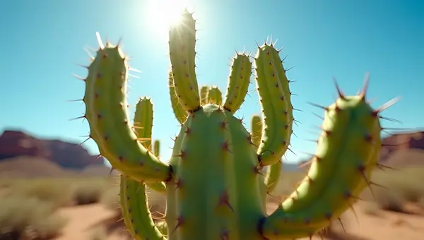 Vibrant Green Cactus With Multiple Arms In Desert