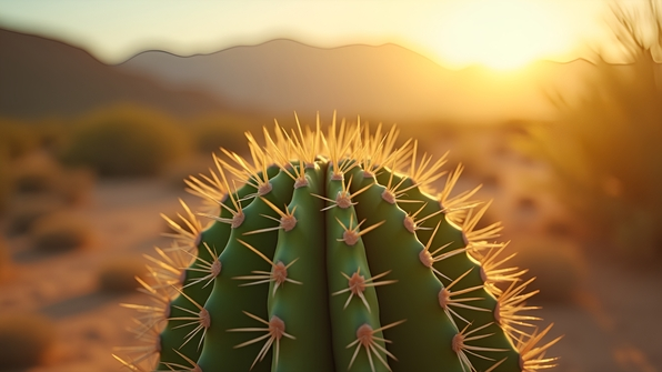 Close-up selective focus photograph of a vibrant green cactus with sharp spines in a desert under warm sunlight