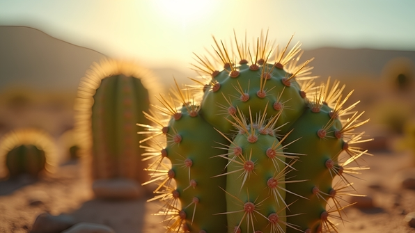 Close-up of a vibrant green cactus with sharp spines in bright sunlight