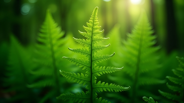 Close-up of vibrant green fern leaves with detailed fronds in a softly blurred natural forest background