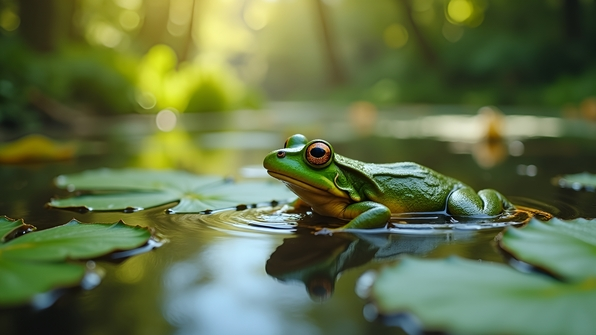 Close-up of a vibrant green frog gliding smoothly over clear water with gentle ripples under natural sunlight