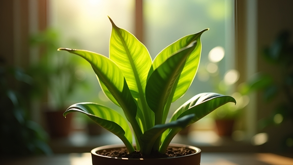 Close-up of a vibrant green houseplant with lush leaves in natural sunlight