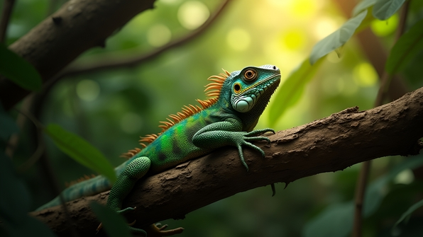 Close-up of a vibrant green iguana resting on a textured brown tree branch in natural sunlight
