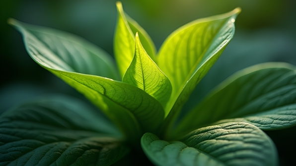 Macro photograph of vibrant green leaf plant showing detailed veins and texture
