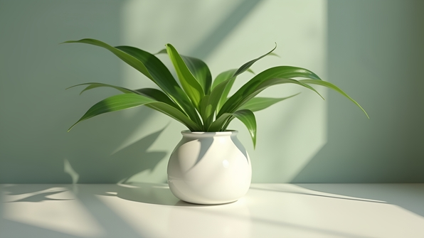 A vibrant green leaf plant elegantly arranged in a minimalist white ceramic vase with natural lighting