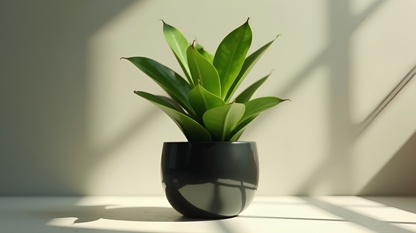 Close-up of a vibrant green leafy plant in a sleek black ceramic pot showcasing natural indoor decor