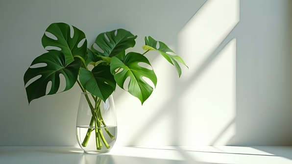 Vibrant green leafy plant elegantly arranged in a transparent glass vase on a minimalist white surface with soft natural lighting
