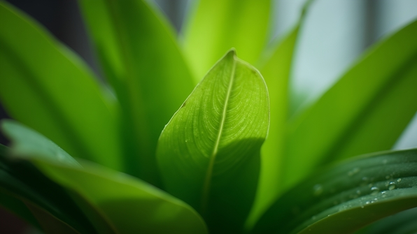 Close-up of vibrant green leaves on a healthy indoor plant with soft natural lighting
