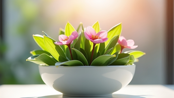 Close-up shallow focus photo of vibrant green leaves and pink flowers in a white ceramic pot