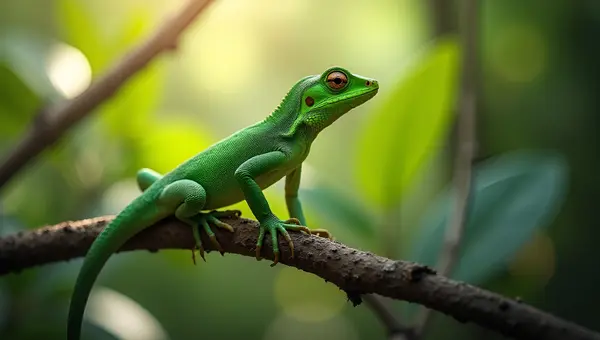 Vibrant Green Lizard On Branch Close-Up