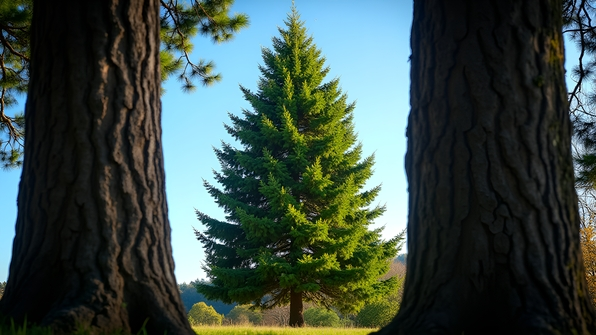 Vibrant green pine tree standing tall among brown deciduous trees under a clear blue sky