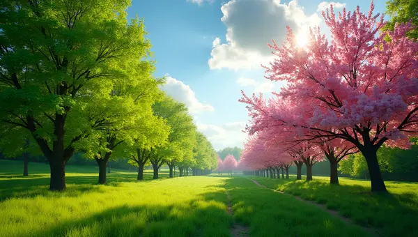 Vibrant Green And Pink Trees In Sunlight