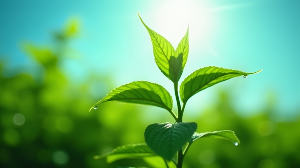 Vibrant green plant with lush leaves flourishing beneath a bright blue sky on a sunny day
