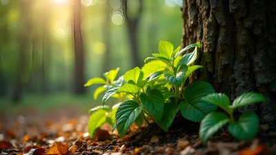 Vibrant Green Plant Growing Near Tree Trunk