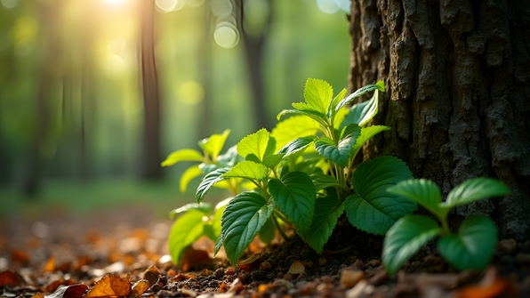 A vibrant green plant with lush leaves growing next to a textured brown tree trunk in a natural forest