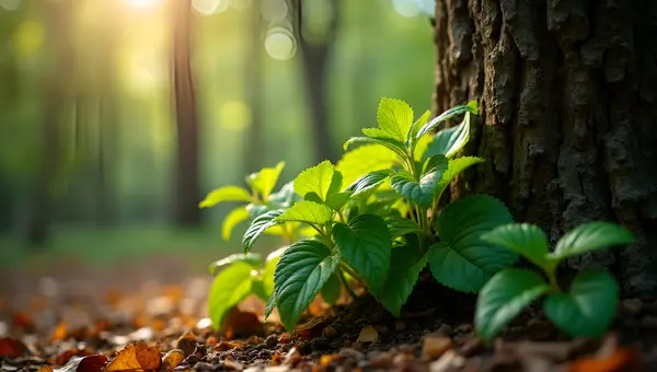 Vibrant Green Plant Growing Near Tree Trunk