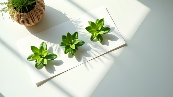 Three vibrant green plants arranged on white printer paper next to a rustic woven wicker vase