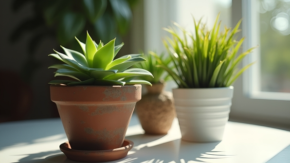Vibrant green succulent in a rustic brown pot beside a lush green dumb cane plant in a sleek white pot on a bright surface