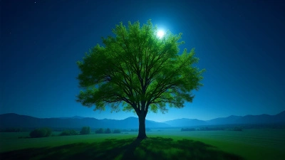 Vibrant Green Tree Under Moonlit Night Sky