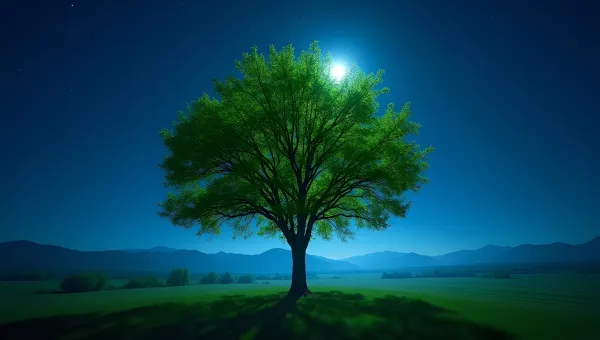 Vibrant Green Tree Under Moonlit Night Sky