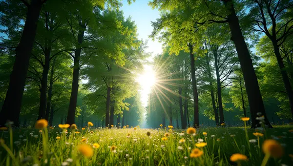 Vibrant Green Trees With Sunlight