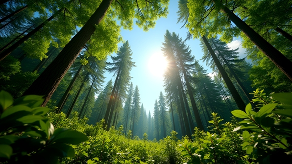 Vibrant green trees in a sunlit forest with lush foliage and clear blue sky