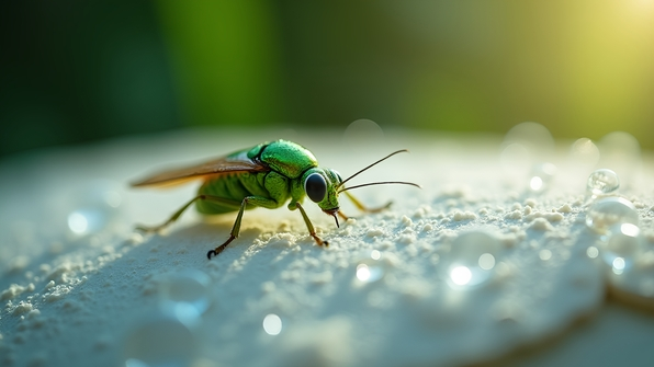Close-up of a vibrant green and white insect resting on textured white fabric under soft natural lighting