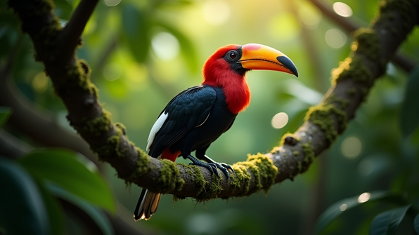 A vibrant hornbill perched on a moss-covered tree branch in a lush tropical forest under soft natural sunlight