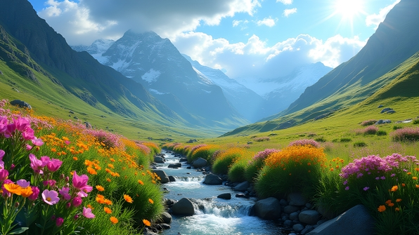 Vibrant mountain landscape with colorful wildflowers under a bright blue sky