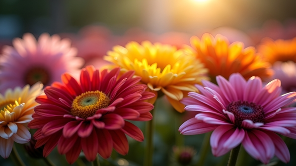 Close-up of vibrant multicolored flowers with detailed petals illuminated by natural sunlight