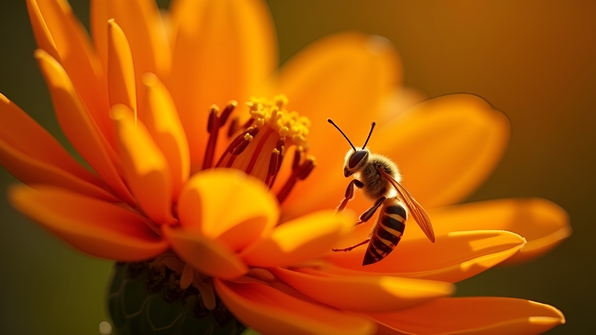 Close-up of a vibrant orange flower with a detailed paper wasp perched on its petals under natural sunlight
