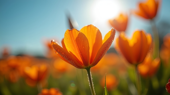 Close-up shallow focus photo of vibrant orange flowers bathed in bright sunlight against a clear blue sky