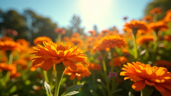 Vibrant orange flowers densely packed in a sunlit garden with lush green leaves under a bright blue sky